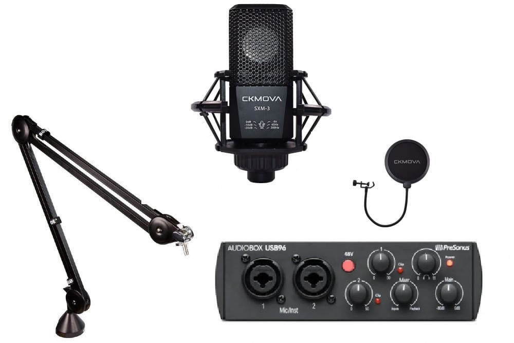 ‌CKMOVA SXM-3 + RODE PSA1 Studio Arm + CKMOVA SPS-1 + Presonus audiobox USB 96 - mikrofon pojemnościowy + uchwyt mikrofonowy + POP filtr + interfejs audio