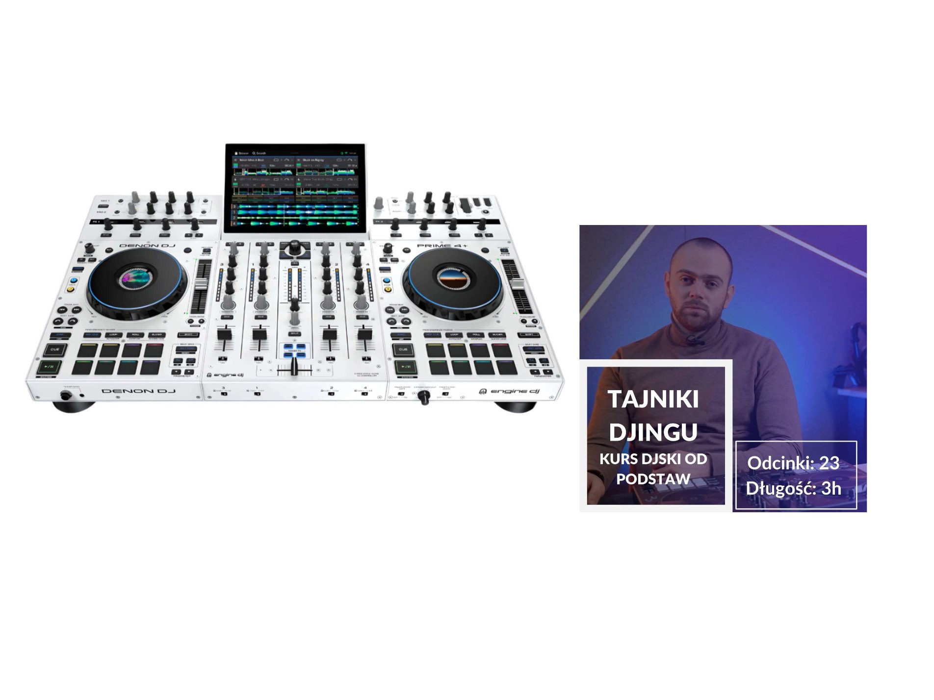 Denon DJ Prime 4 + White i Kurs DJs'ki od Podstaw - Tajniki DJingu-set