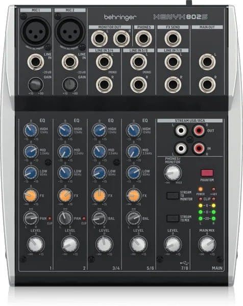 ‌Behringer 802S - 8-kanałowy kompaktowy mikser analogowy z interfejsem USB zaprojektowany specjalnie do obsługi podcastów, streamowania oraz nagrywania w domu