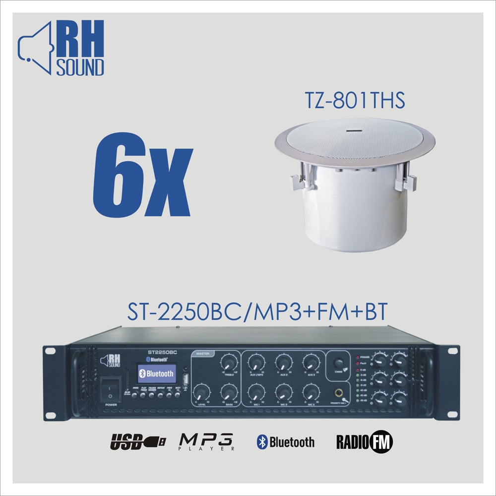 RH SOUND ST-2250BC/MP3+FM+BT + 6x TZ-801THS - nagłośnienie sufitowe