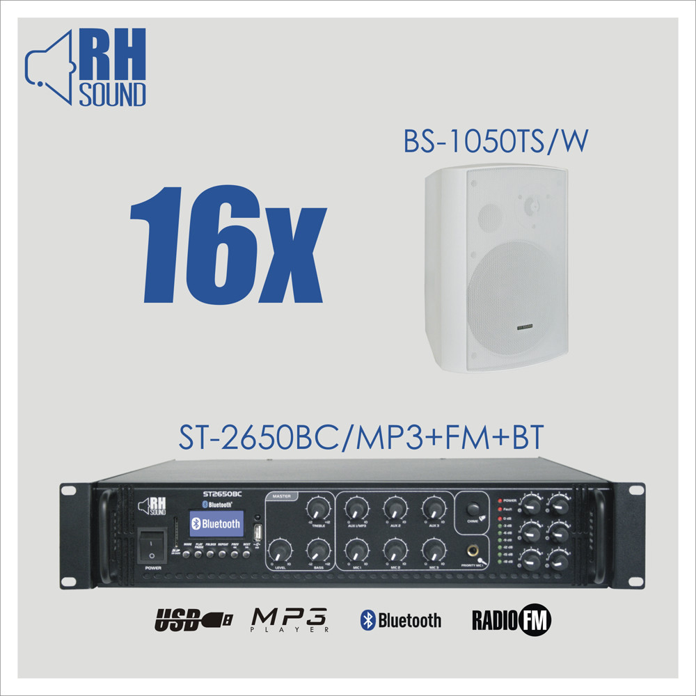 RH SOUND ST-2650BC/MP3+FM+BT + 16x BS-1050TS/W - nagłośnienie naścienne