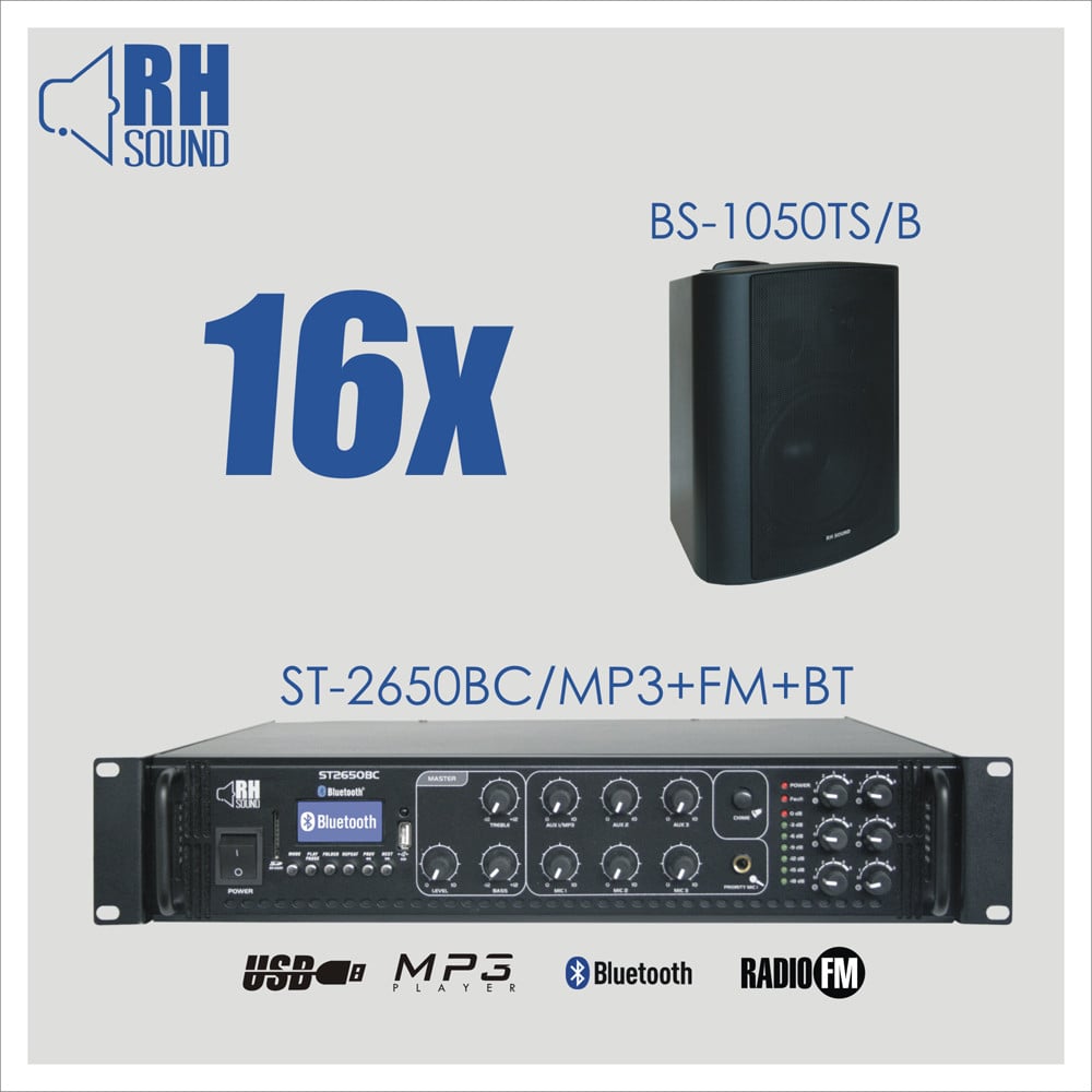 RH SOUND ST-2650BC/MP3+FM+BT + 16x BS-1050TS/B - nagłośnienie naścienne