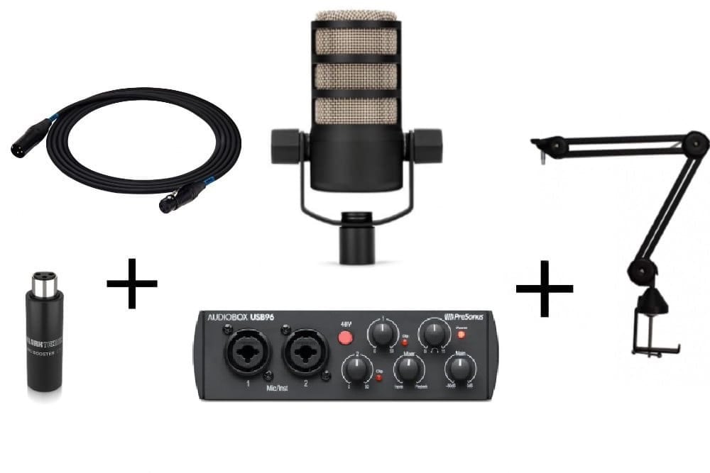 ‌RODE PODMIC + CKMOVA SAS-2 + Klark Teknik MIC BOOSTER CT1 + Presonus audiobox USB 96  + SSQ XX3 - mikrofon dynamiczny + ramie mikrofonowe + kompaktowy przedwzmacniacz mikrofonowy + interfejs audio + kabel XLR-3 metrowy